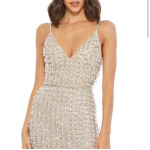 MAC DUGGAL Bead Embellished Column Gown in Nude Silver Size US 10